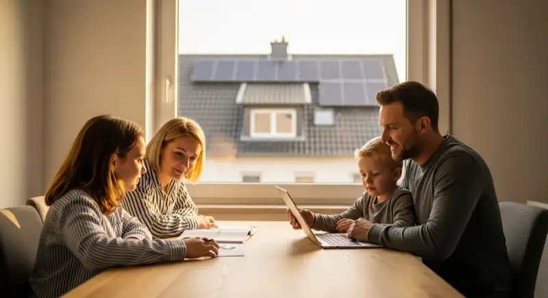 Familie vor Koblenzer Eigenheim mit Solaranlage auf dem Dach