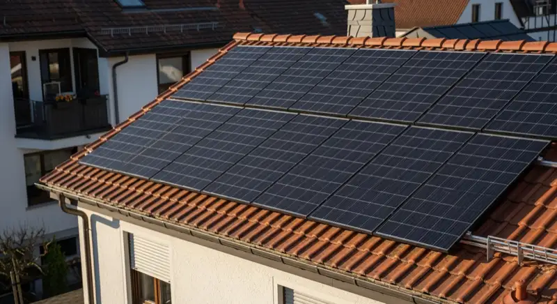 Installateur montiert Solarmodule auf Dach eines Einfamilienhauses in Koblenz