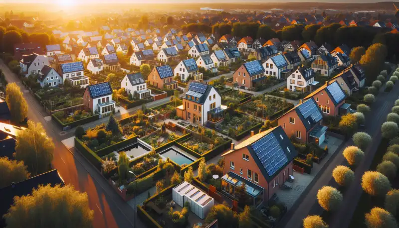 Krefelder Wohnsiedlung mit mehreren Häusern, auf denen Solaranlagen installiert sind