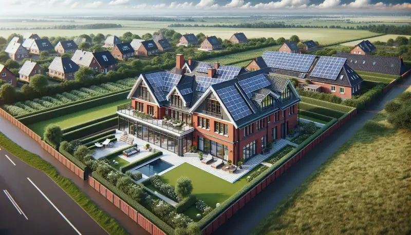 Einfamilienhaus mit Solaranlage in Krefeld am Niederrhein, typische Backsteinarchitektur mit grünem Garten