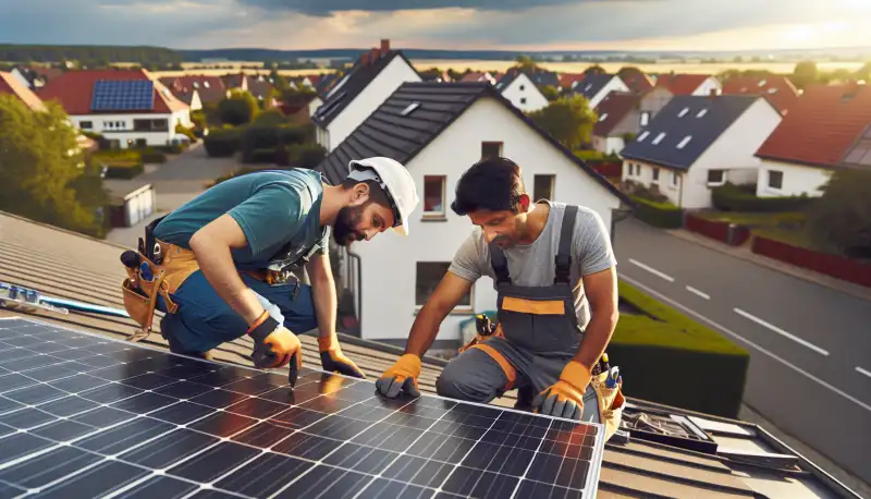 Solarinstallateure bei der Montage auf einem Krefelder Dach am Niederrhein