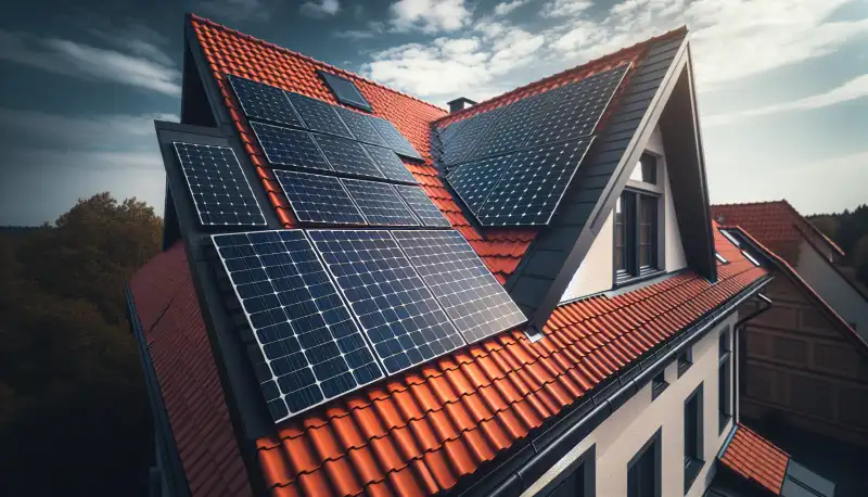 Solarmodule werden auf einem Krefelder Ziegeldach montiert, Nahaufnahme