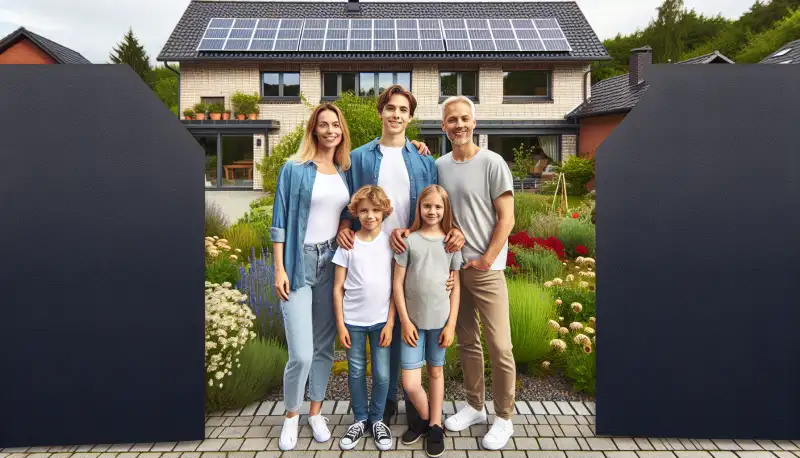 Familie vor ihrem Haus mit neuer Solaranlage in Krefeld