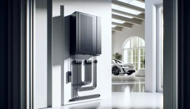 Moderner Batteriespeicher an einer Garagenwand in einem Krefelder Einfamilienhaus