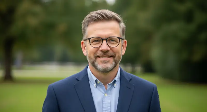 Aerial drone view of typical German residential neighborhood with mixed roof types, red and dark roof tiles, gardens visible, sunny day