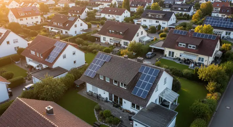 Aerial drone view of typical German residential neighborhood with mixed roof types, red and dark roof tiles, gardens visible, sunny day