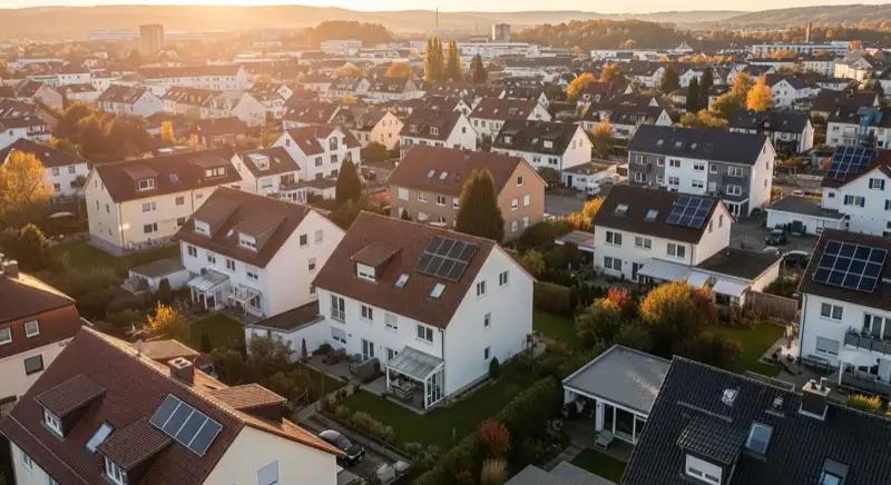 Aerial drone view of typical German residential neighborhood with mixed roof types, red and dark roof tiles, gardens visible, sunny day