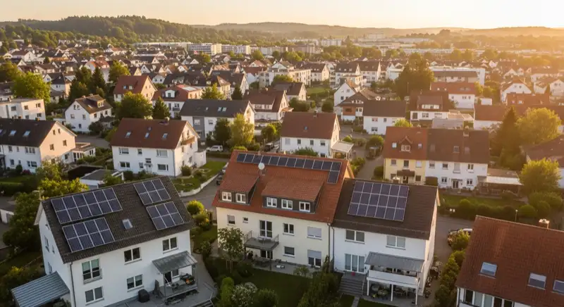 Aerial drone view of typical German residential neighborhood with mixed roof types, red and dark roof tiles, gardens visible, sunny day
