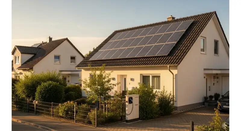 Einfamilienhaus in Landau mit Solaranlage auf dem Dach und 11 kW Wallbox im Vorgarten