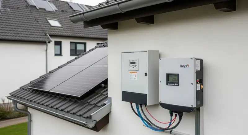 Modern German electrical meter cabinet (Zählerschrank) with smart meter and solar inverter connection, clean technical installation