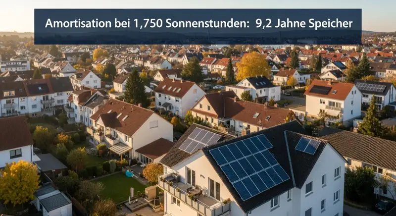 Aerial drone view of typical German residential neighborhood with mixed roof types, red and dark roof tiles, gardens visible, sunny day