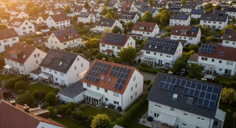 Aerial drone view of typical German residential neighborhood with mixed roof types, red and dark roof tiles, gardens visible, sunny day