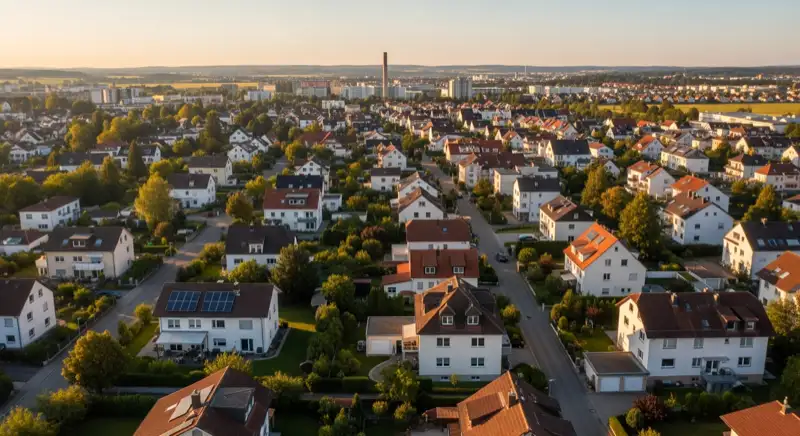 Wohngebiete in Landshut mit verschiedenen Bauformen, typische Einfamilienhäuser und Dachstrukturen aus der Luft