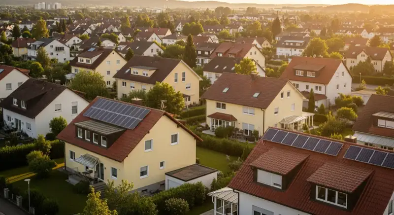 Wohngebiete in Landshut mit verschiedenen Bauformen, typische Einfamilienhäuser und Dachstrukturen aus der Luft