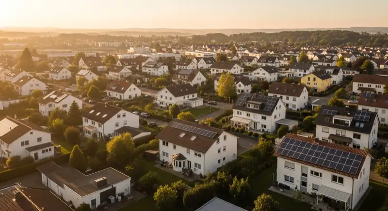 Wohngebiete in Landshut mit verschiedenen Bauformen, typische Einfamilienhäuser und Dachstrukturen aus der Luft