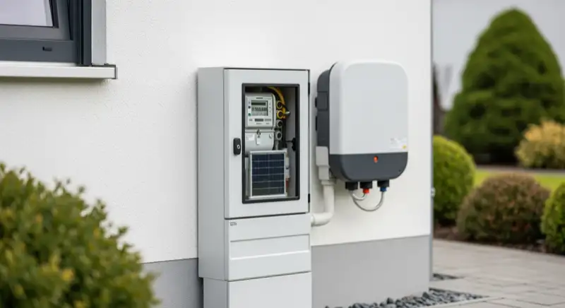 Modern German electrical meter cabinet (Zählerschrank) with smart meter and solar inverter connection, clean technical installation