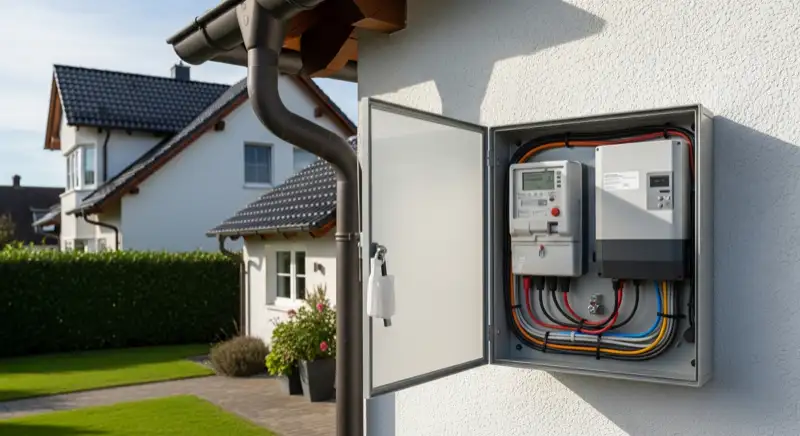 Modern German electrical meter cabinet (Zählerschrank) with smart meter and solar inverter connection, clean technical installation