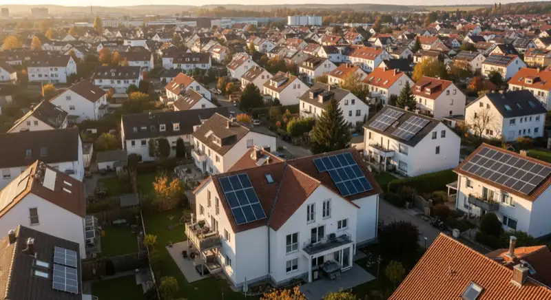 Aerial drone view of typical German residential neighborhood with mixed roof types, red and dark roof tiles, gardens visible, sunny day