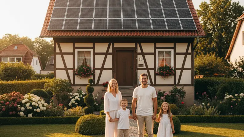 Familie vor ihrem Haus mit Solaranlage in Leipzig, sonniger Garten