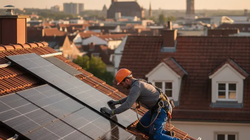 Solarinstallateur bei der Montage von Solarmodulen auf einem Hausdach in Leipzig