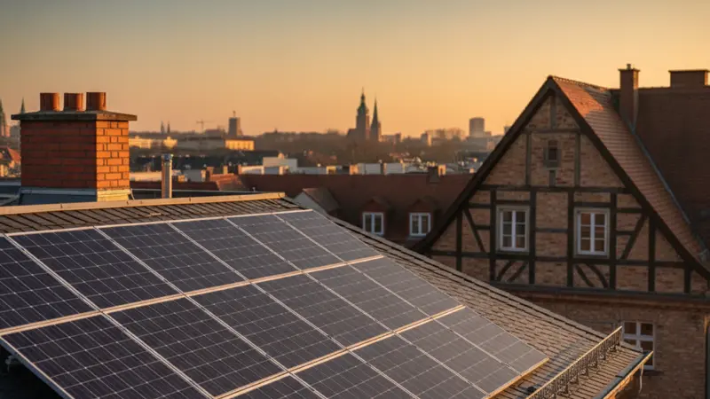 Solarmodule auf einem sanierten Leipziger Altbau-Dach, Nahaufnahme der professionellen Installation