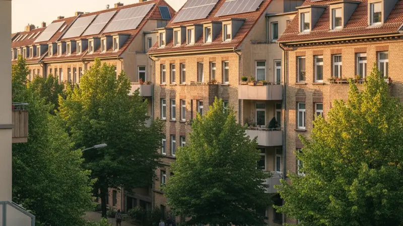 Leipziger Wohnviertel mit Solaranlagen auf sanierten Gründerzeitbauten in Plagwitz
