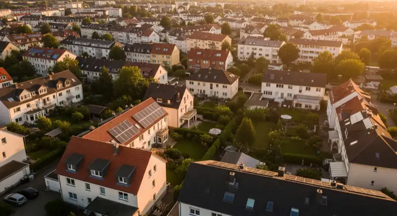 Aerial drone view of typical German residential neighborhood with mixed roof types, red and dark roof tiles, gardens visible, sunny day