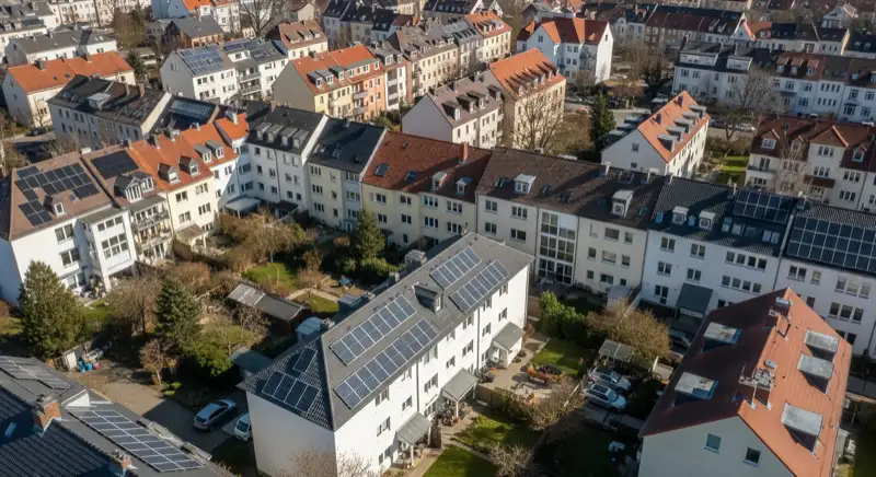 Aerial drone view of typical German residential neighborhood with mixed roof types, red and dark roof tiles, gardens visible, sunny day