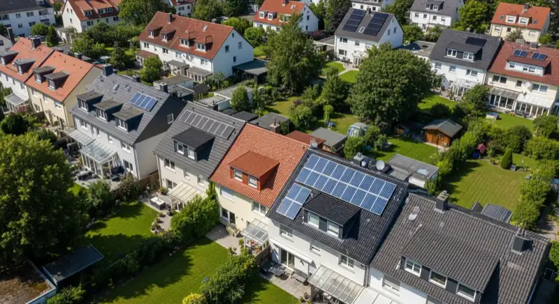 Aerial drone view of typical German residential neighborhood with mixed roof types, red and dark roof tiles, gardens visible, sunny day