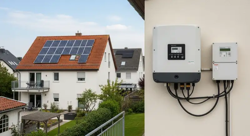 Modern German electrical meter cabinet (Zählerschrank) with smart meter and solar inverter connection, clean technical installation