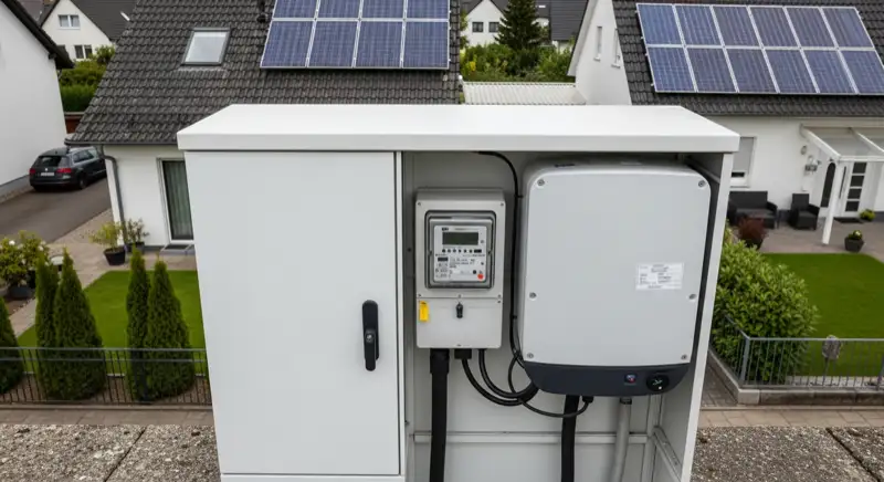 Modern German electrical meter cabinet (Zählerschrank) with smart meter and solar inverter connection, clean technical installation