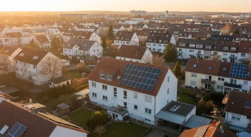 Aerial drone view of typical German residential neighborhood with mixed roof types, red and dark roof tiles, gardens visible, sunny day