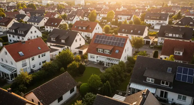 Aerial drone view of typical German residential neighborhood with mixed roof types, red and dark roof tiles, gardens visible, sunny day