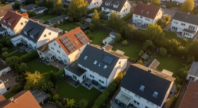 Aerial drone view of typical German residential neighborhood with mixed roof types, red and dark roof tiles, gardens visible, sunny day