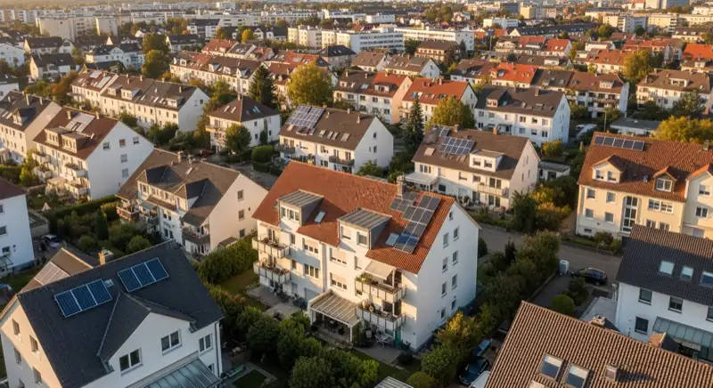 Aerial drone view of typical German residential neighborhood with mixed roof types, red and dark roof tiles, gardens visible, sunny day