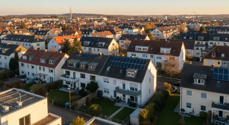 Aerial drone view of typical German residential neighborhood with mixed roof types, red and dark roof tiles, gardens visible, sunny day