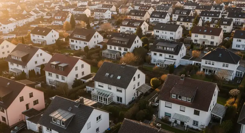Aerial drone view of typical German residential neighborhood with mixed roof types, red and dark roof tiles, gardens visible, sunny day