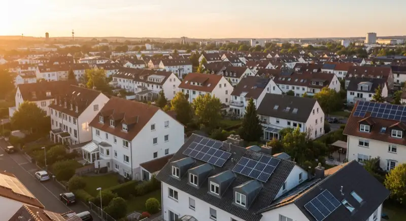 Aerial drone view of typical German residential neighborhood with mixed roof types, red and dark roof tiles, gardens visible, sunny day