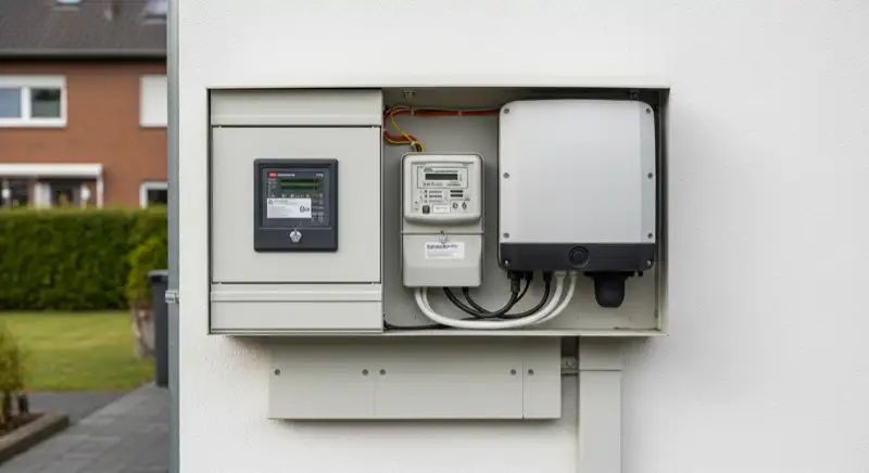 Modern German electrical meter cabinet (Zählerschrank) with smart meter and solar inverter connection, clean technical installation