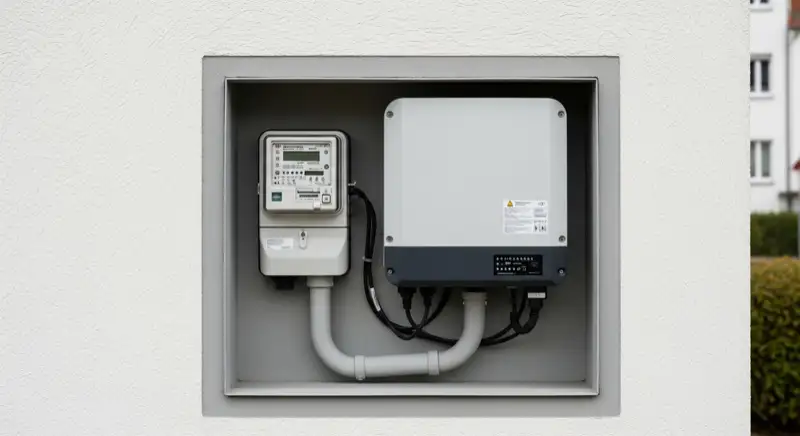 Modern German electrical meter cabinet (Zählerschrank) with smart meter and solar inverter connection, clean technical installation