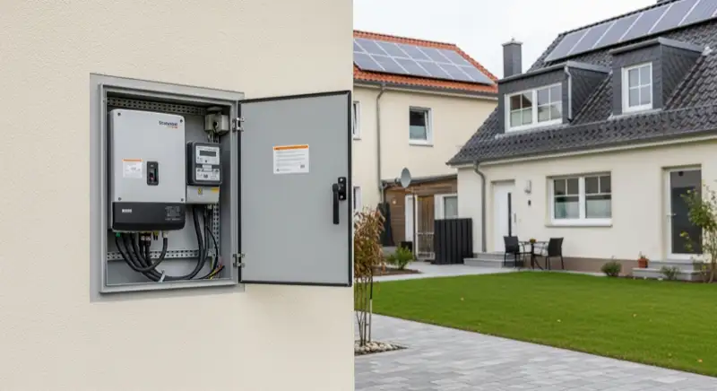 Modern German electrical meter cabinet (Zählerschrank) with smart meter and solar inverter connection, clean technical installation