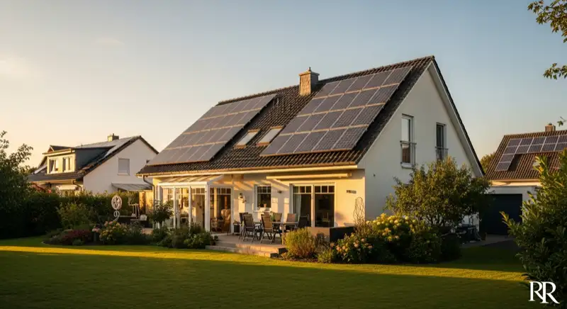 German detached house (Einfamilienhaus) with photovoltaic panels on pitched roof, well-maintained garden, warm afternoon sunlight