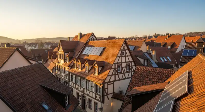Historischer Altort in Maintal mit geneigten Ziegeldächern und älterer Bausubstanz