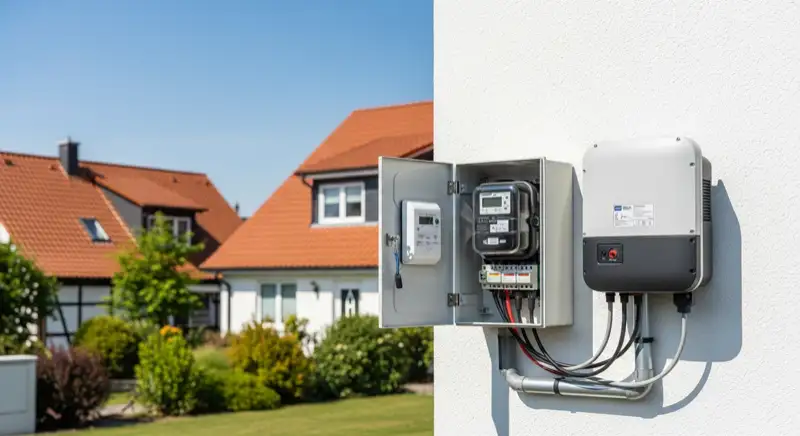 Modern German electrical meter cabinet (Zählerschrank) with smart meter and solar inverter connection, clean technical installation