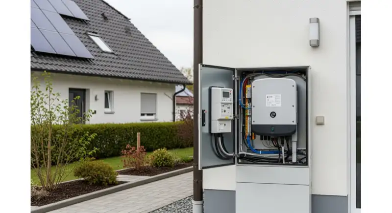 Modern German electrical meter cabinet (Zählerschrank) with smart meter and solar inverter connection, clean technical installation