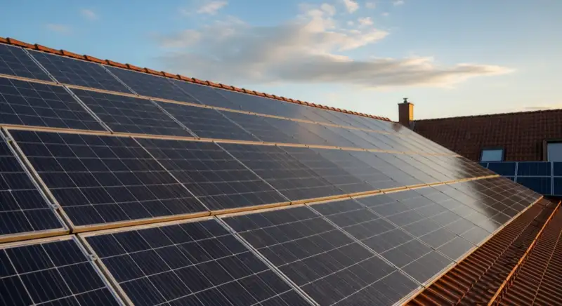 Close-up of photovoltaic solar panels installed on a traditional German Satteldach (gabled roof), blue sky with some clouds