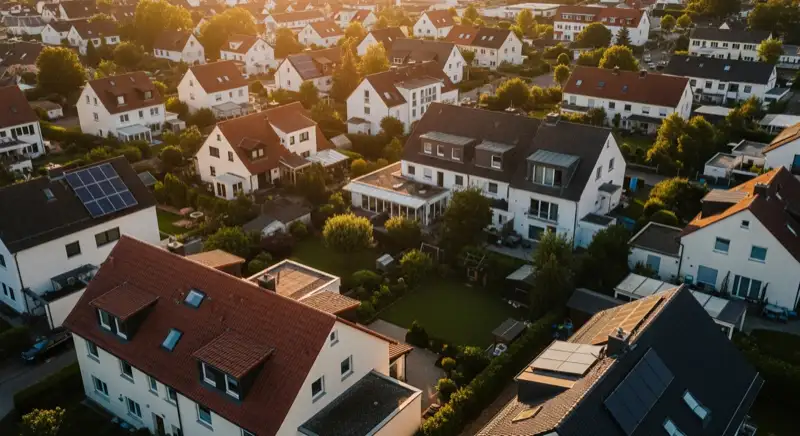 Aerial drone view of typical German residential neighborhood with mixed roof types, red and dark roof tiles, gardens visible, sunny day