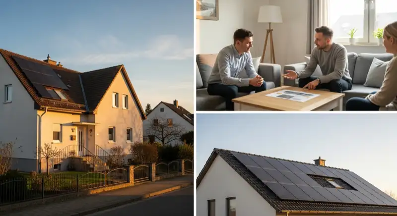 Solarmodule auf einem deutschen Ziegeldach, Detailansicht