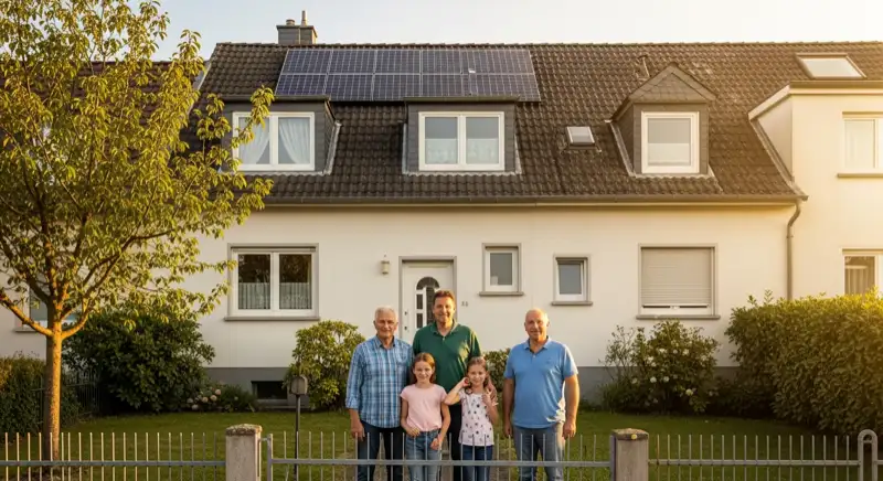 Familie vor Mainzer Eigenheim mit Solaranlage auf dem Dach