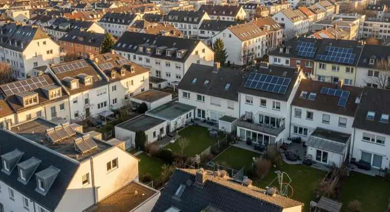 Wohngebiete in Mainz mit verschiedenen Bauformen, typische Einfamilienhäuser und Dachstrukturen aus der Luft